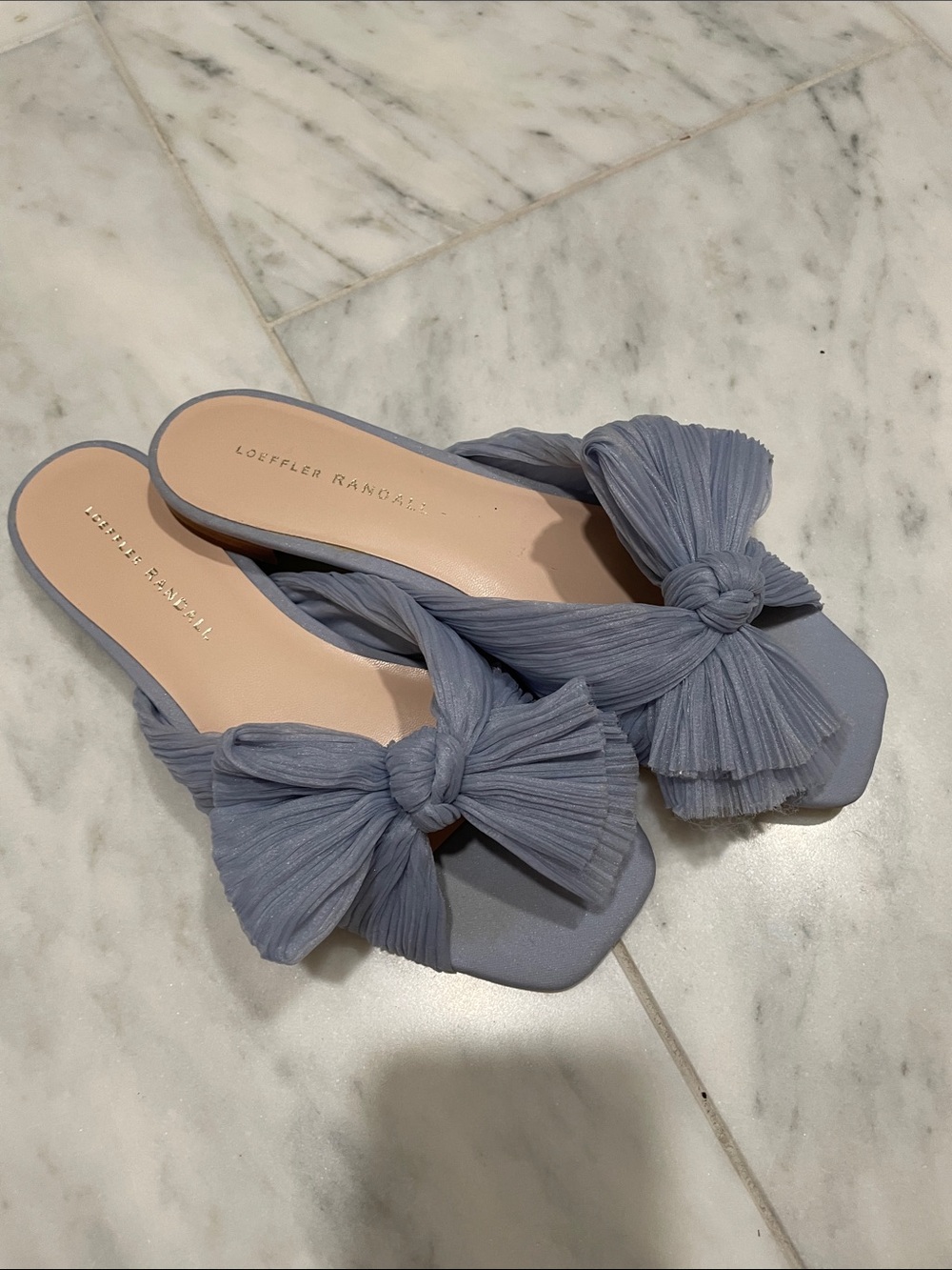Loeffler Randall Daphne Pleated Bow Knot Slide in Dusty Blue Size 7